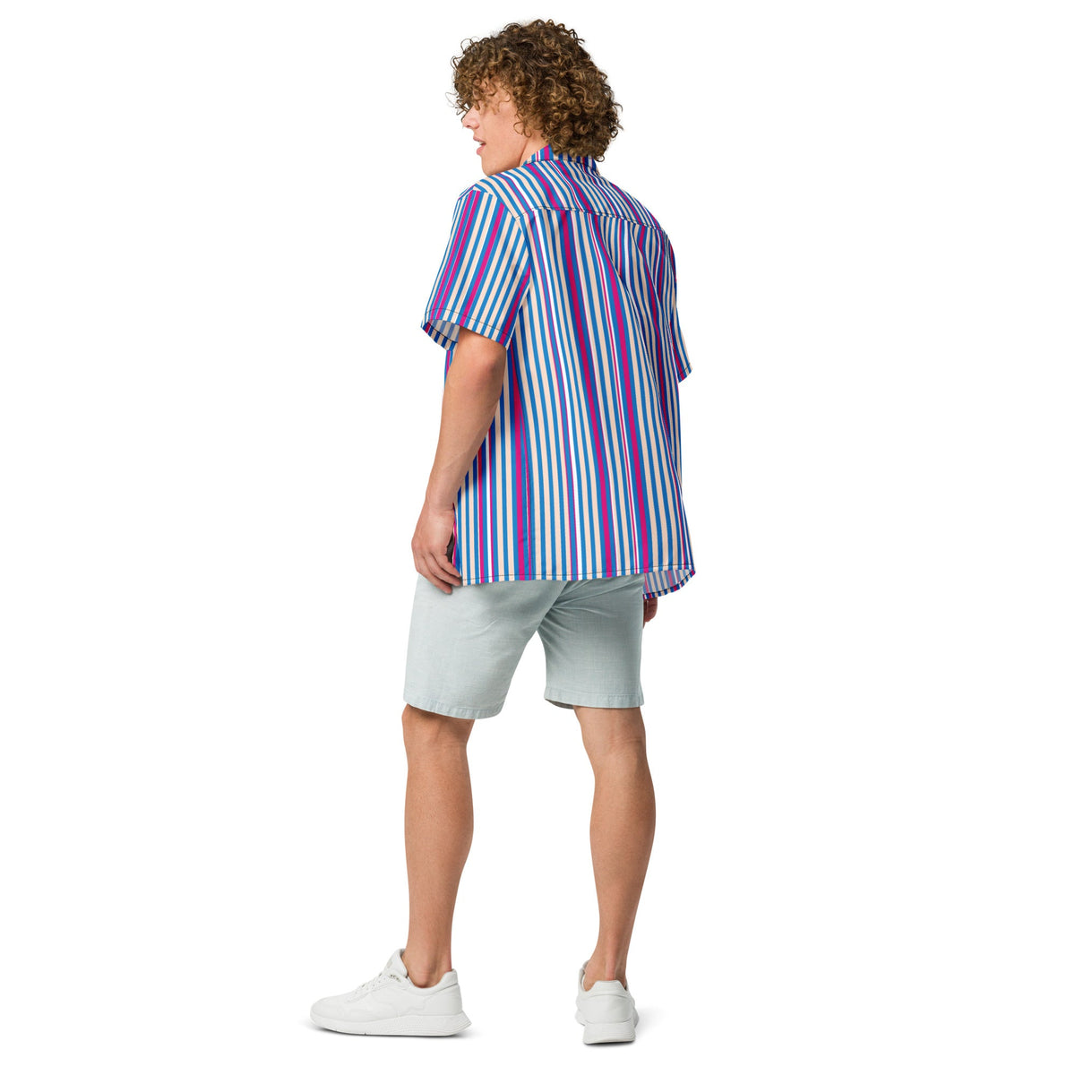Good Wishes 365 navy blue striped short sleeve button shirt with magenta accents on a man, back view