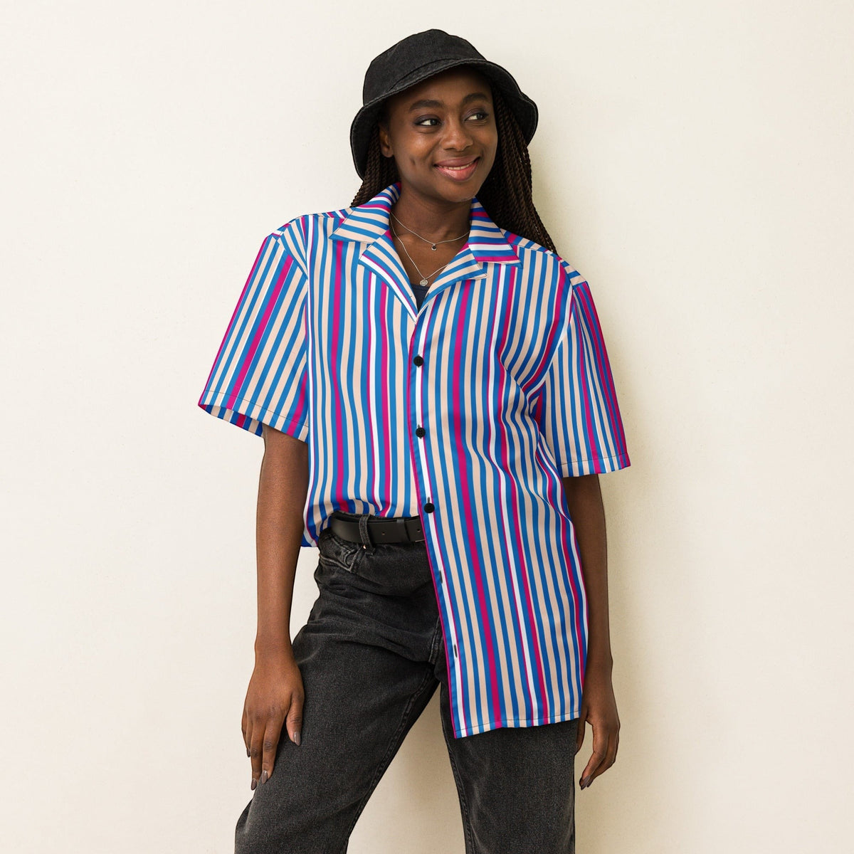 Good Wishes 365 unisex short sleeve button shirt with navy, pink, and light blue vertical stripes and a camp collar.