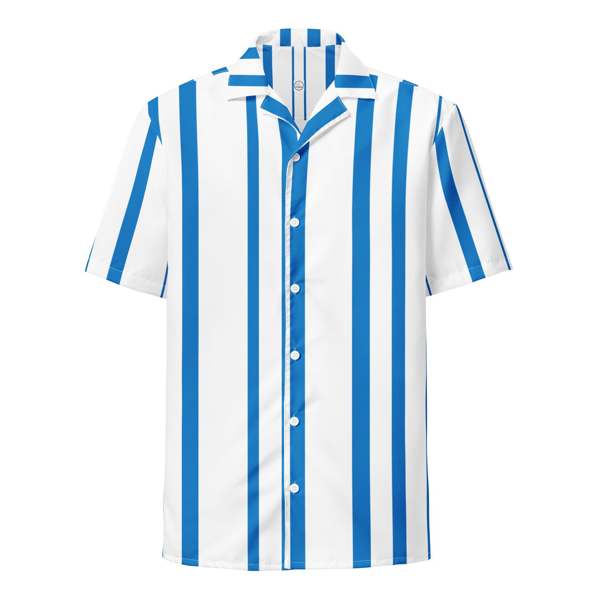 Good Wishes 365 navy blue and white vertical striped short sleeve button shirt with an oversized fit.