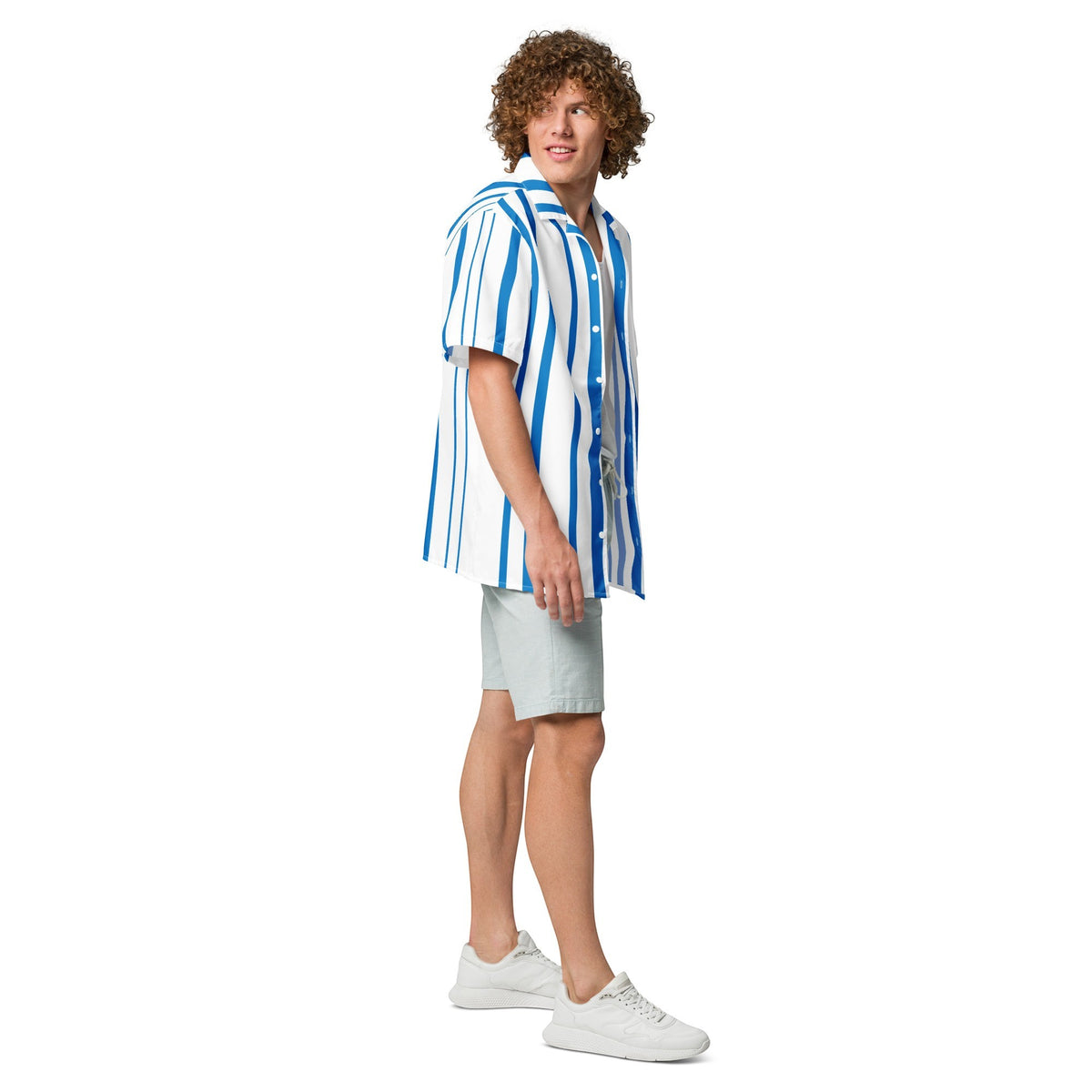 Good Wishes 365 men's oversized navy blue and white vertical striped short sleeve button-up shirt on a model