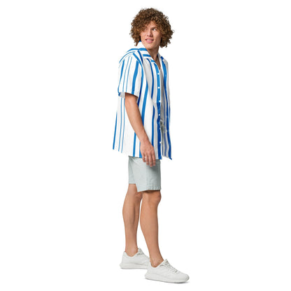 Good Wishes 365 men's oversized navy blue and white vertical striped short sleeve button-up shirt on a model