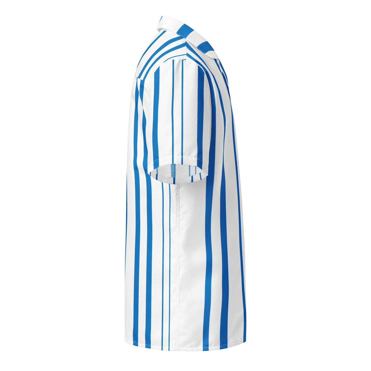 Good Wishes 365 navy blue and white vertical striped short sleeve button-up shirt in an oversized fit.