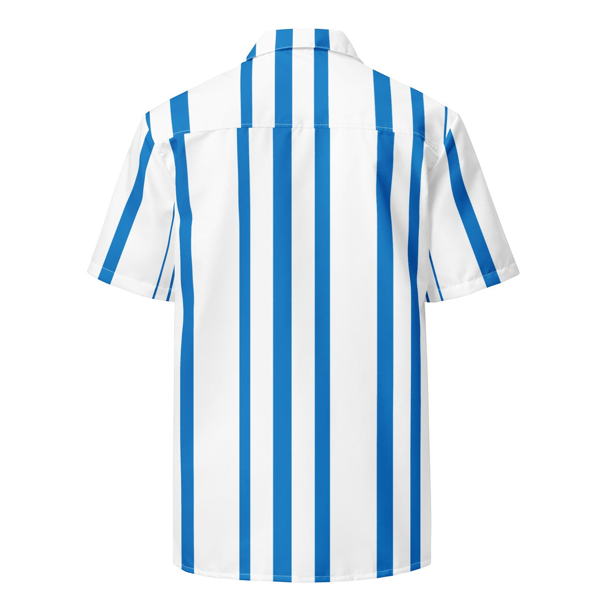 Good Wishes 365 men's navy blue and white vertical striped short sleeve button-down shirt in a lightweight fabric.