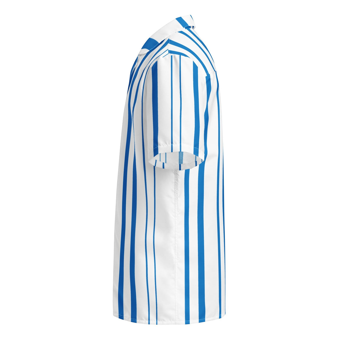 Good Wishes 365 men's navy blue and white vertical striped short sleeve button shirt in an oversized fit.