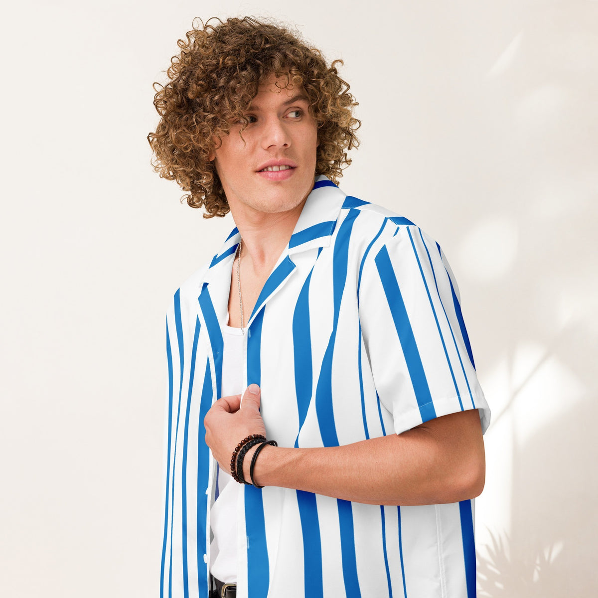 Good Wishes 365 men's navy blue and white vertical striped short sleeve button shirt with an oversized fit.