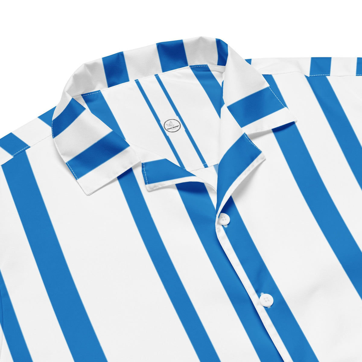 Good Wishes 365 navy blue and white vertical striped short sleeve button shirt in lightweight breathable fabric.