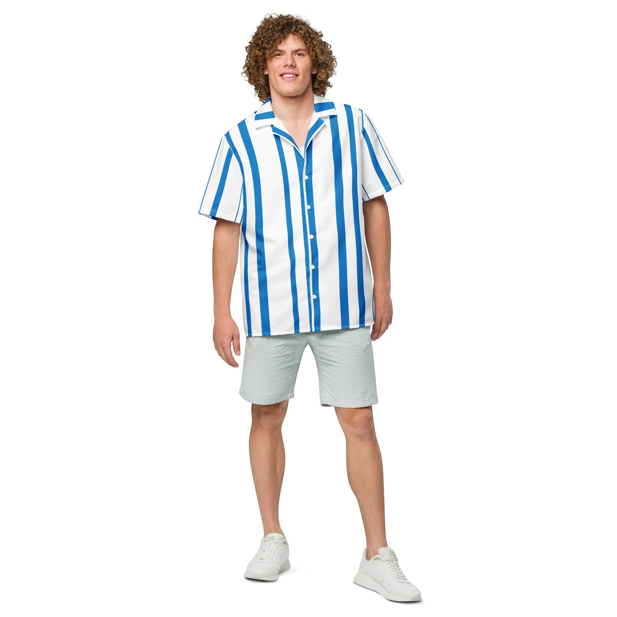 Good Wishes 365 model wearing a navy blue and white vertical striped short sleeve button shirt with an oversized fit.