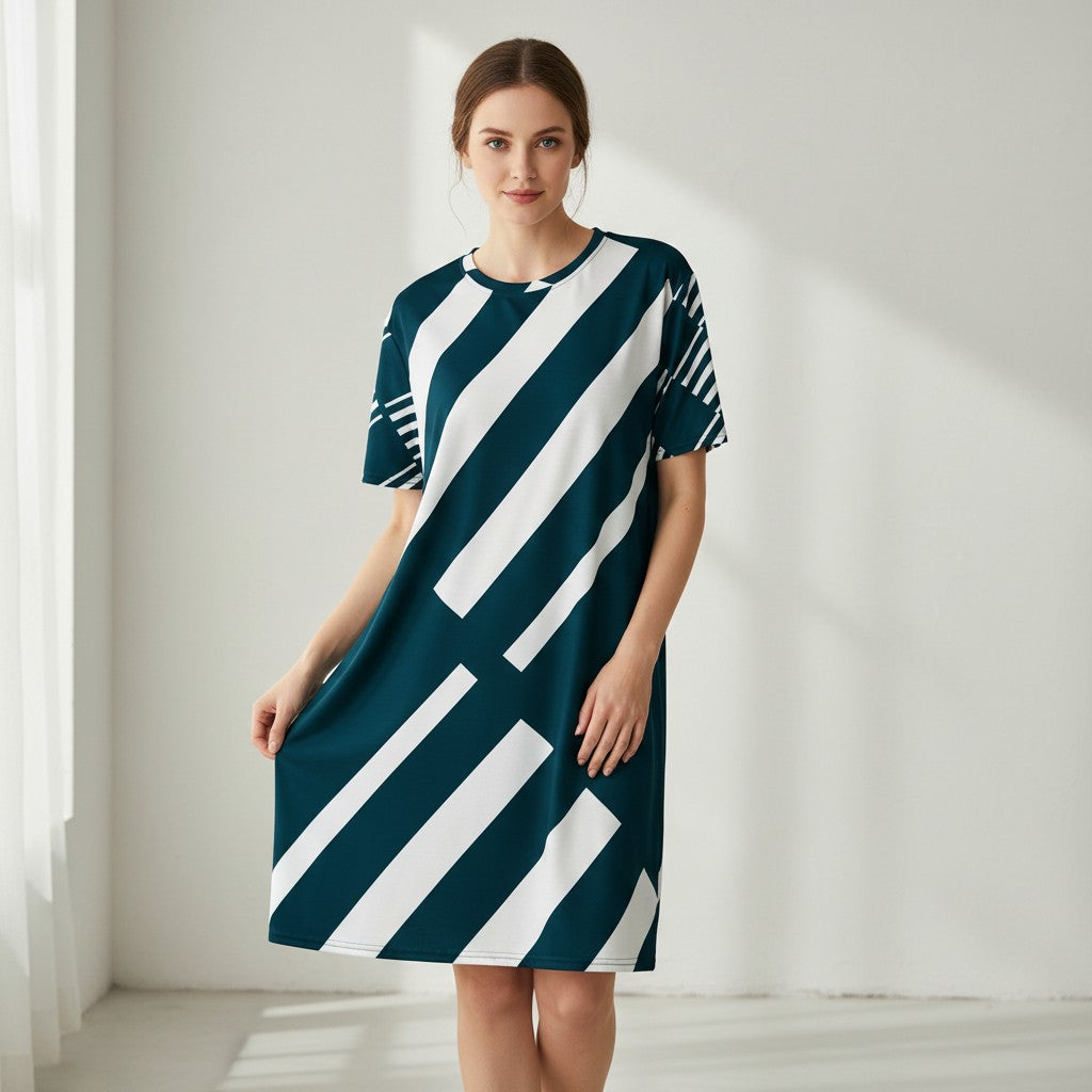 Good Wishes 365 navy blue and white striped t-shirt dress with an oversized fit and drop shoulders.