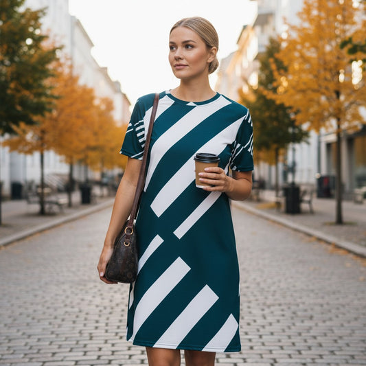 Good Wishes 365 navy blue and white striped t-shirt dress with an oversized fit and drop shoulders.