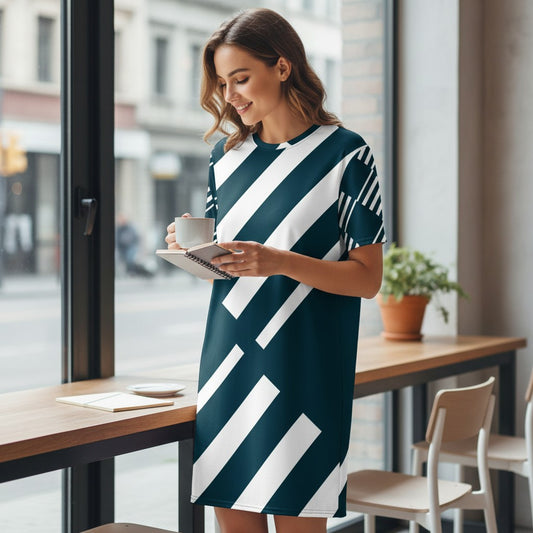 Good Wishes 365 navy blue and white striped t-shirt dress with an oversized fit and drop shoulders.