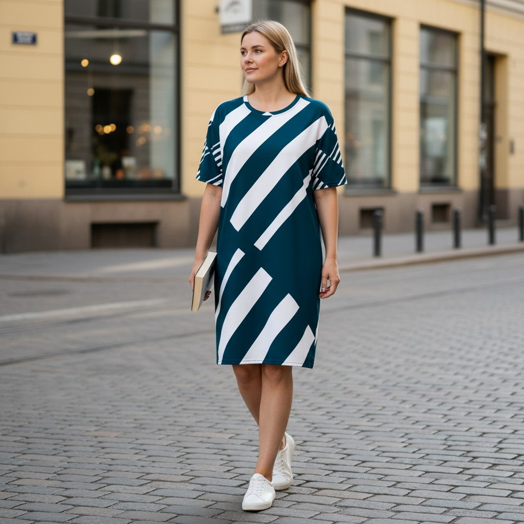 Good Wishes 365 navy blue and white striped t-shirt dress with an oversized fit and drop shoulders.