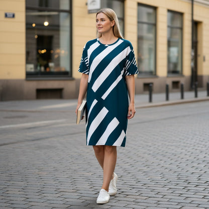 Good Wishes 365 navy blue and white striped t-shirt dress with an oversized fit and drop shoulders.