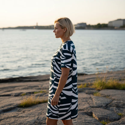 Good Wishes 365 navy and white abstract stripe t-shirt dress with oversize fit and drop shoulder.