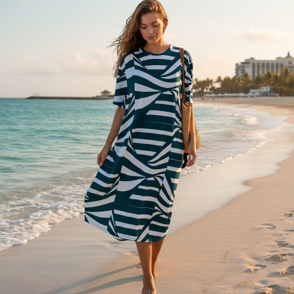 Good Wishes 365 navy and white abstract stripe print t-shirt dress with oversize fit and drop shoulder.