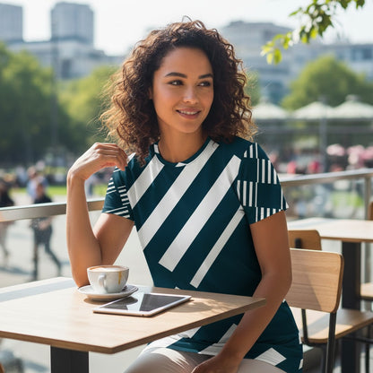 Good Wishes 365 navy and white striped t-shirt dress with dropped shoulders and oversized fit.