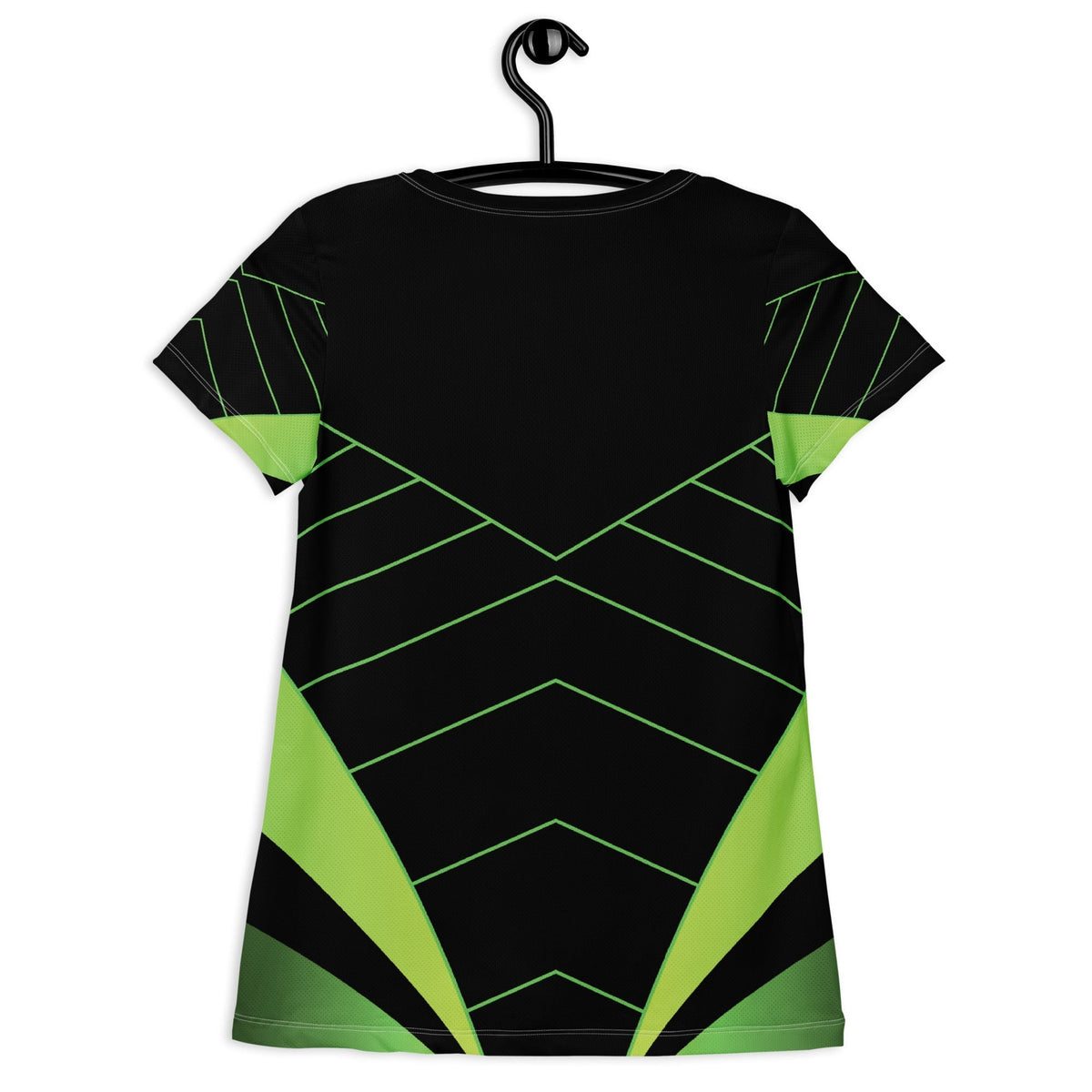 Good Wishes 365 women's athletic t-shirt in black with neon green geometric lines on a hanger, back view.