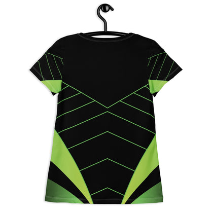 Good Wishes 365 women's athletic t-shirt in black with neon green geometric lines on a hanger, back view.