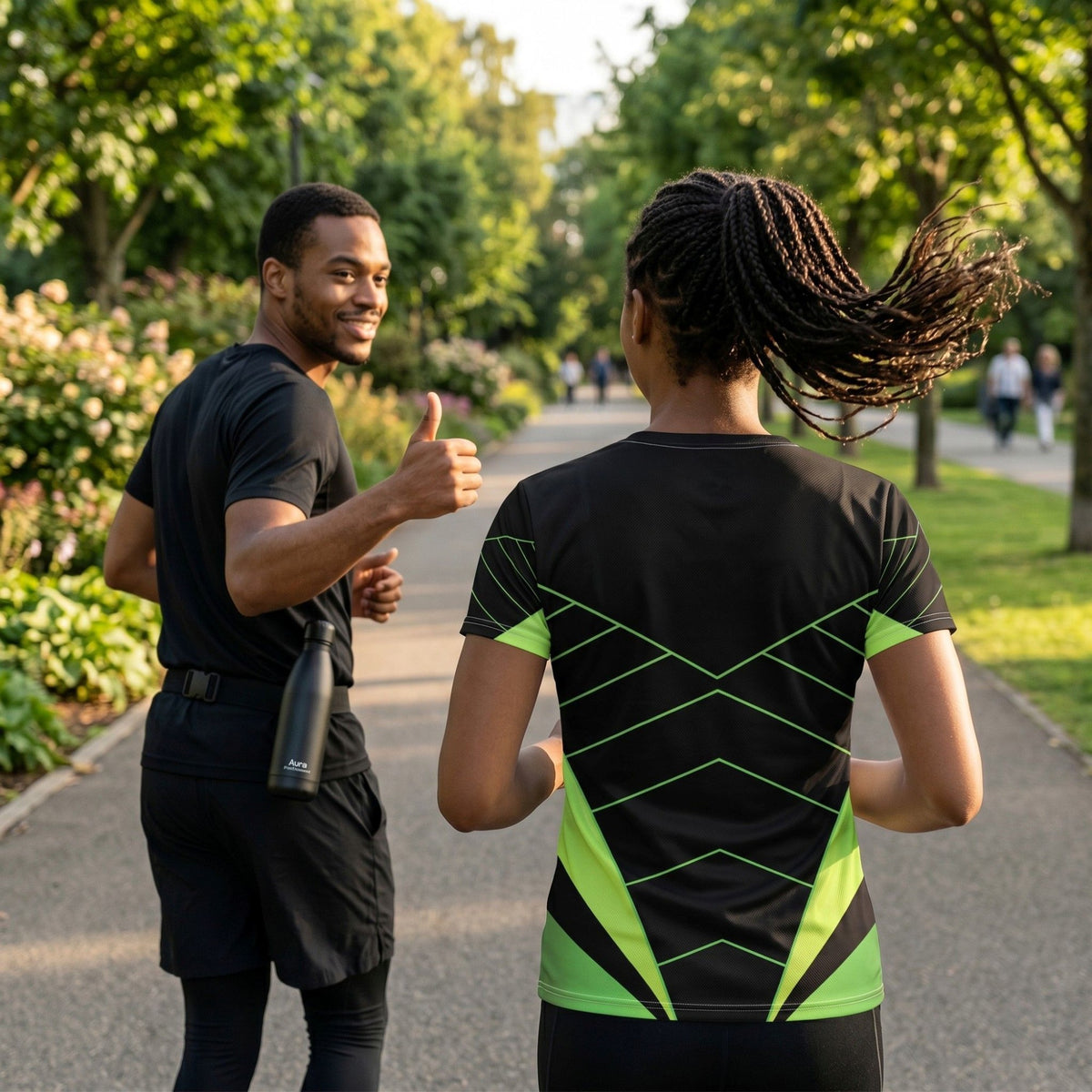 Good Wishes 365 athletic t-shirt with black and neon green geometric print worn by a woman running in a park