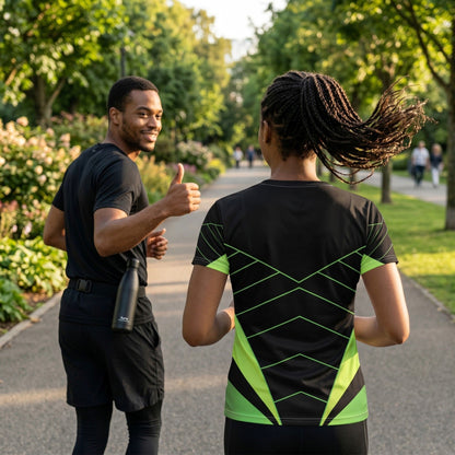 Good Wishes 365 athletic t-shirt with black and neon green geometric print worn by a woman running in a park