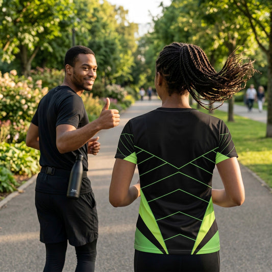 Good Wishes 365 athletic t-shirt with black and neon green geometric print worn by a woman running in a park