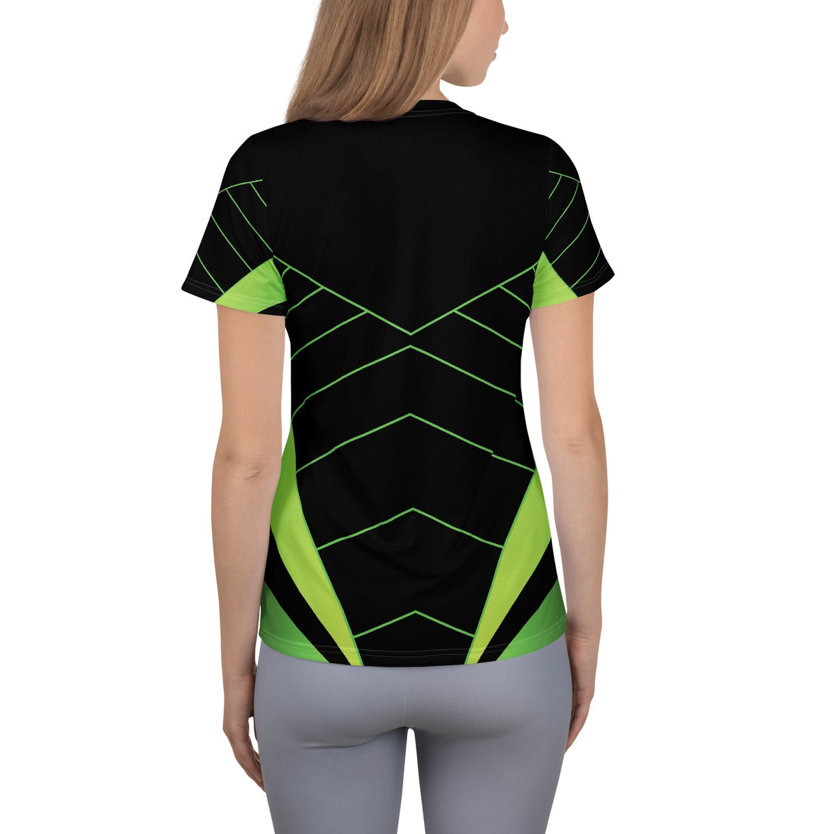 Good Wishes 365 women's athletic t-shirt in black with neon green geometric lines, back view on a model.