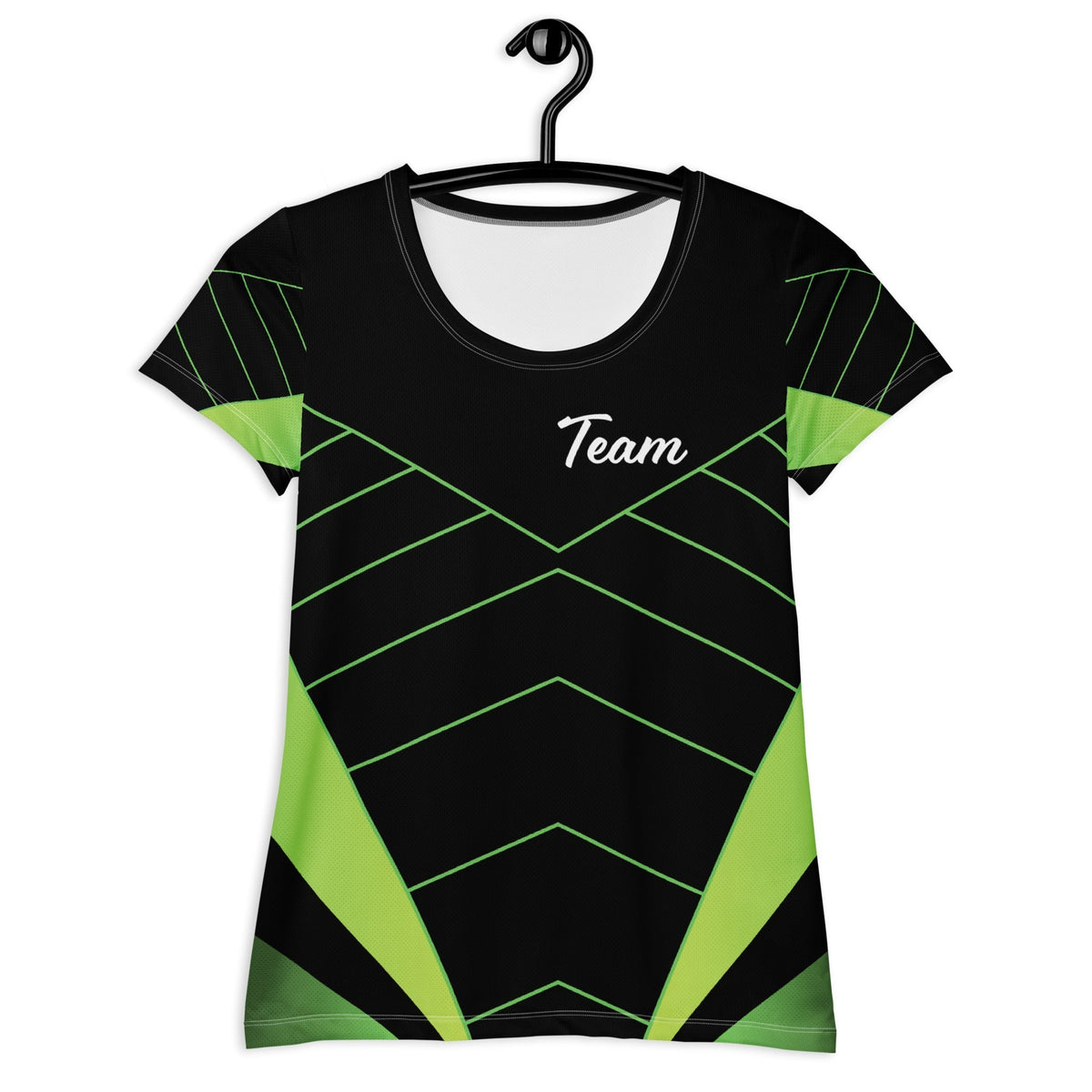 Good Wishes 365 women's black athletic t-shirt with neon green geometric lines and Team graphic on a hanger