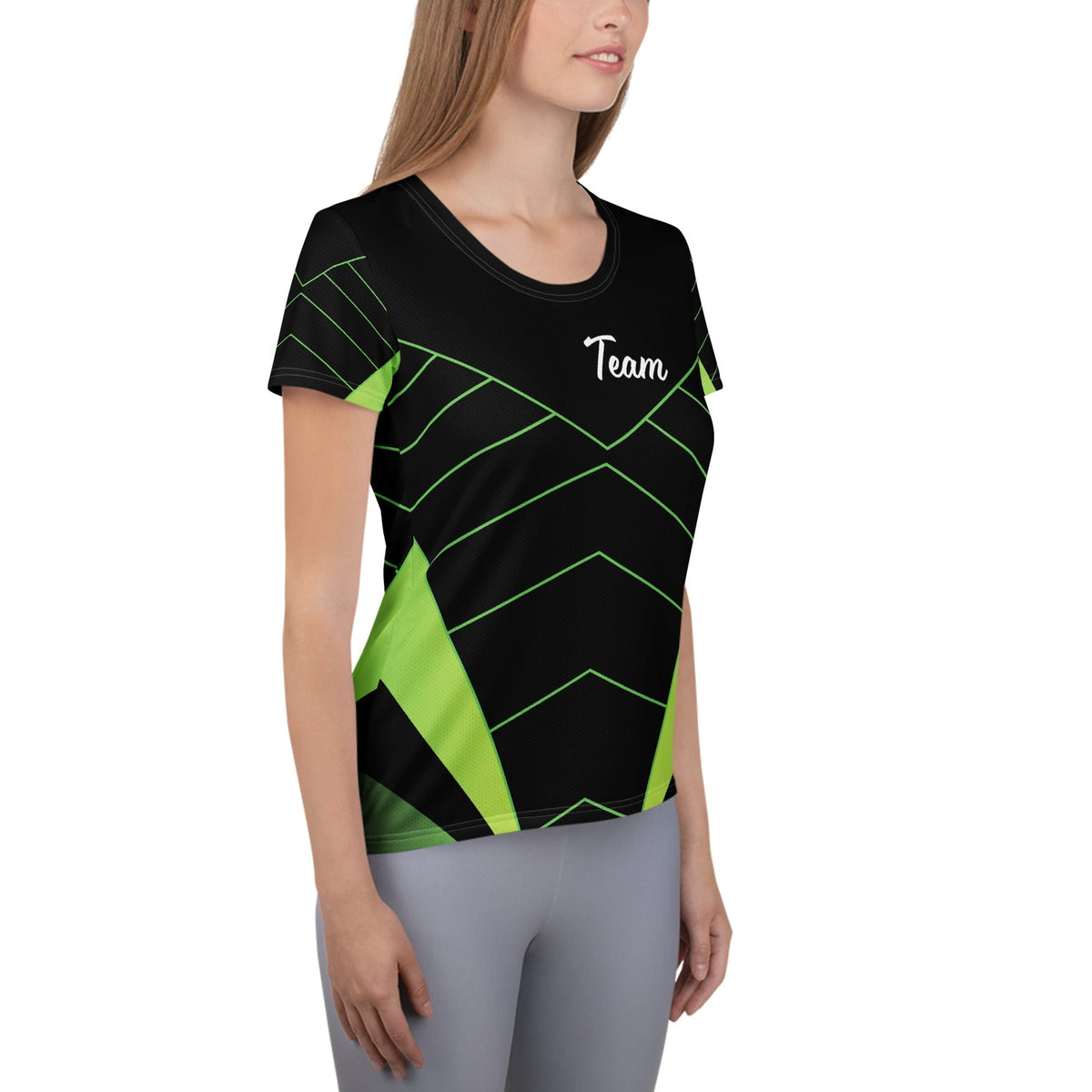 Good Wishes 365 women's athletic t-shirt in black with neon green geometric lines and Team graphic on a model
