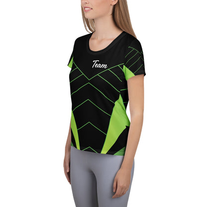 Good Wishes 365 women's athletic t-shirt in black with neon green geometric lines and Team graphic, side view