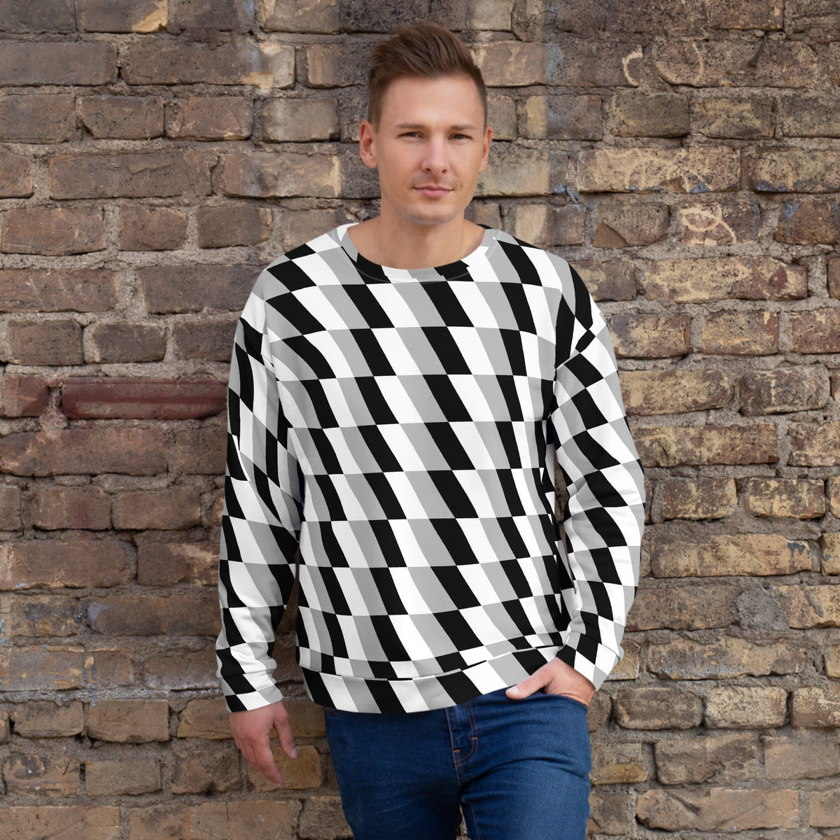 Good Wishes 365 unisex crew neck sweatshirt with a black, white, and gray geometric optical illusion print on a man.