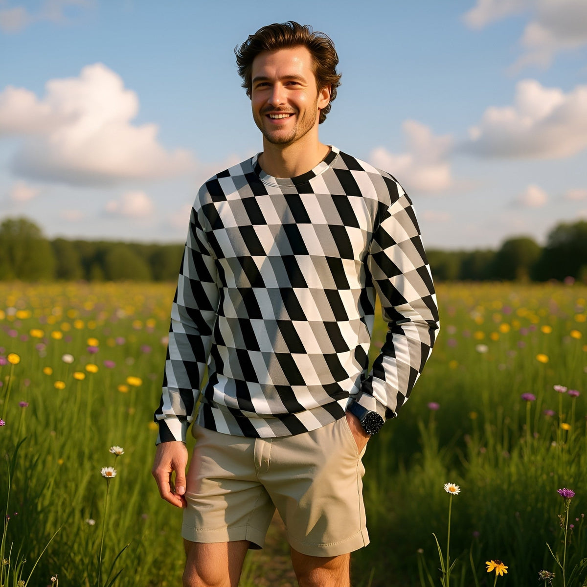 Good Wishes 365 unisex sweatshirt with a black, white, and gray geometric optical illusion print in a sunny meadow.