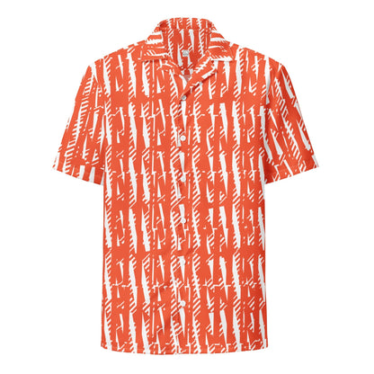 Good Wishes 365 unisex short-sleeve button shirt in bright orange with a white abstract vertical stripe pattern.