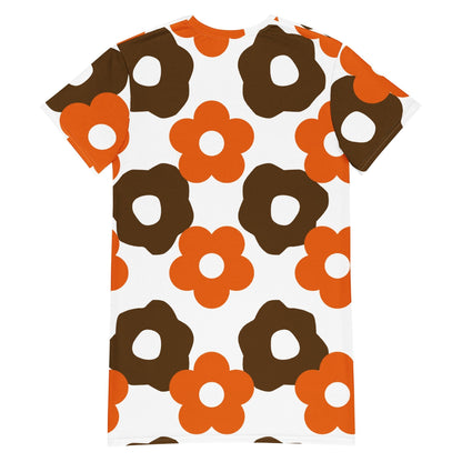 Good Wishes 365 Orange and brown floral t-shirt dress with a relaxed fit and drop shoulders.