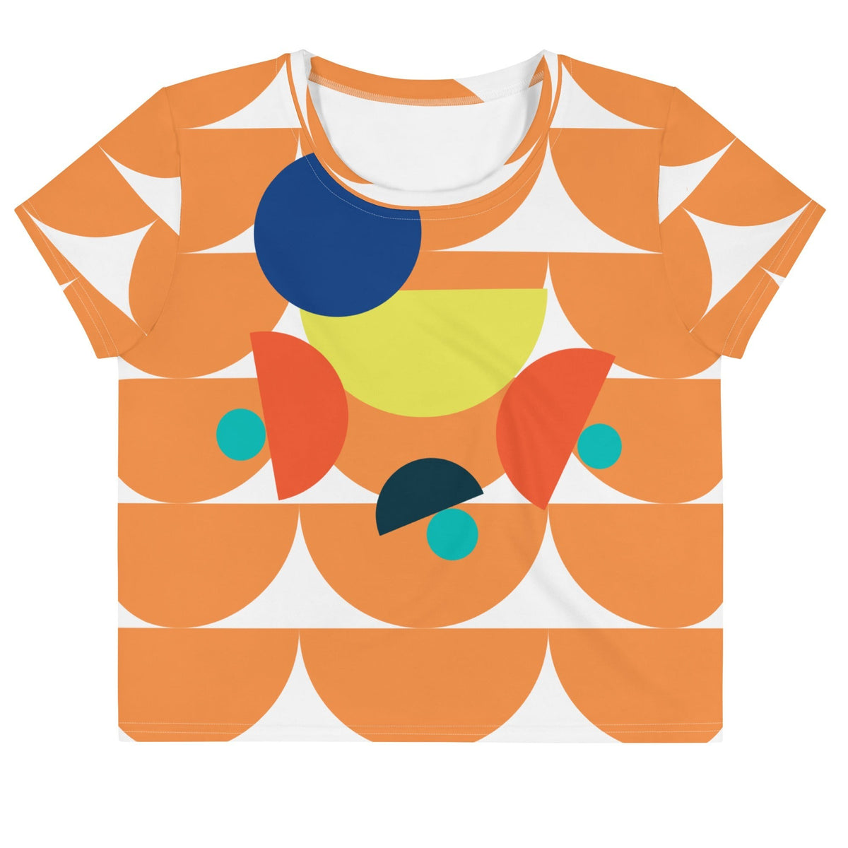 Good Wishes 365 orange crop tee featuring a geometric mushroom-inspired graphic print with blue and yellow accents.