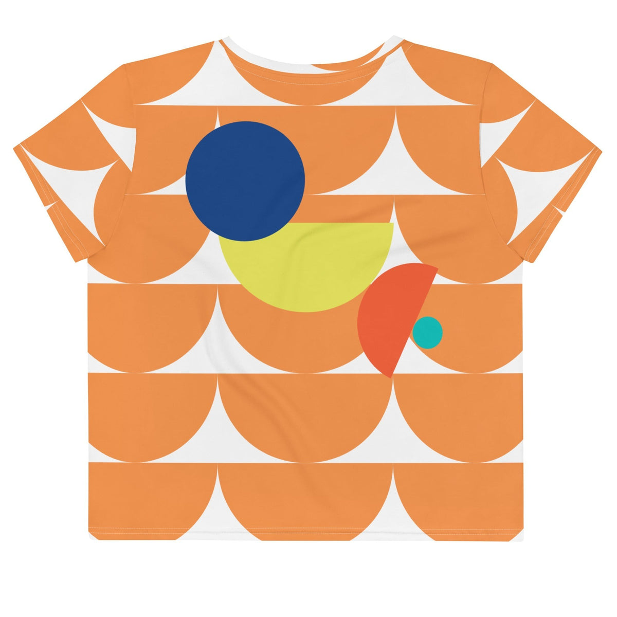 Good Wishes 365 orange crop tee featuring a geometric mushroom-inspired abstract print in blue, yellow, and orange.