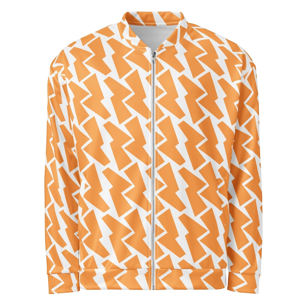 Good Wishes 365 unisex bomber jacket featuring an orange and white all-over lightning bolt print with a front zipper.
