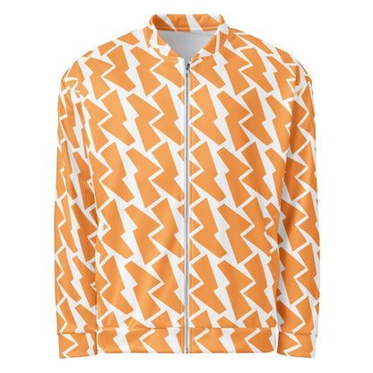 Good Wishes 365 unisex bomber jacket featuring an orange and white all-over lightning bolt print with a front zipper.
