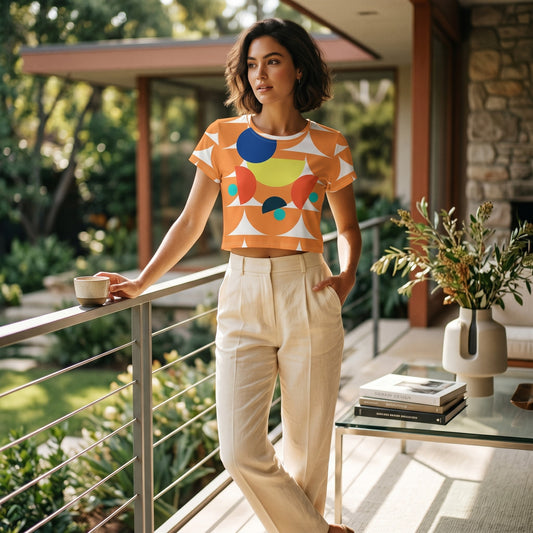 Good Wishes 365 orange crop tee with mushroom and geometric print worn by a woman on a sunny patio.