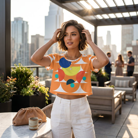 Good Wishes 365 orange crop tee with geometric mushroom print, worn by a woman on a sunny city rooftop terrace.