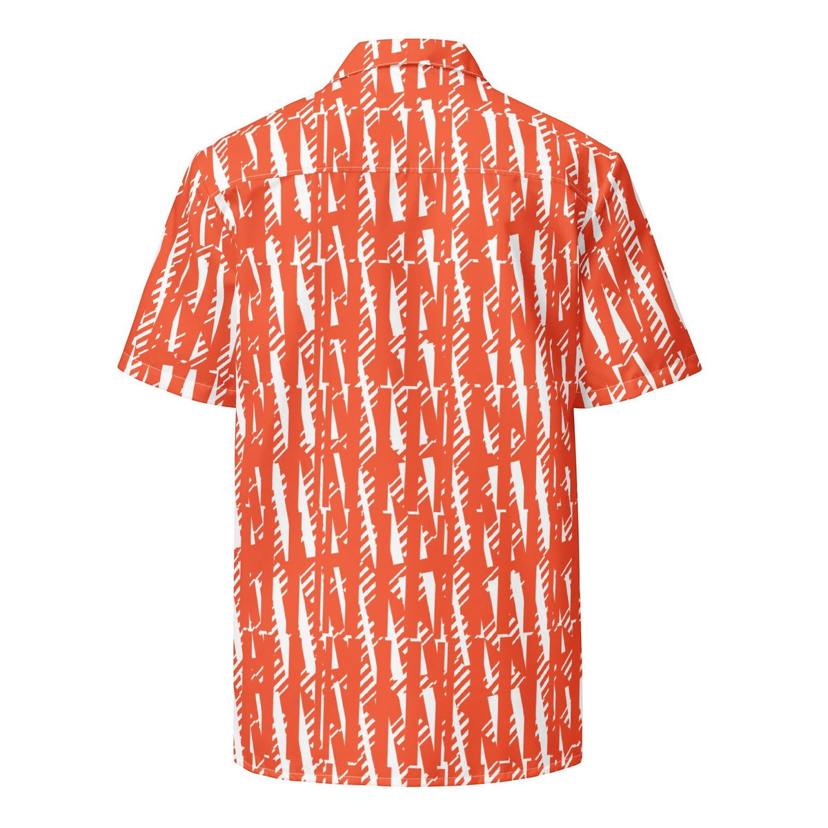 Good Wishes 365 unisex short-sleeve button shirt in orange with a white abstract pattern, made of recycled polyester.