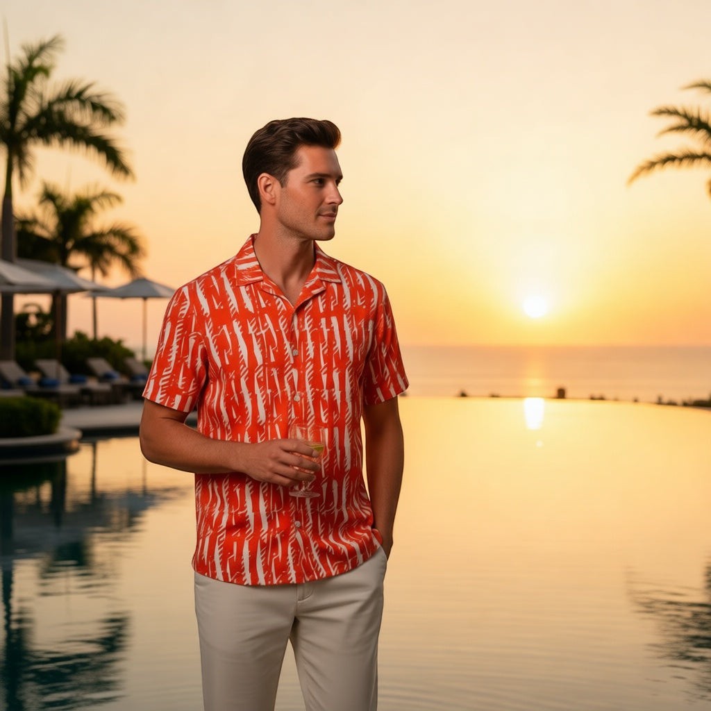 Good Wishes 365 unisex orange patterned button shirt with UPF50+ protection worn by a man at a sunset pool resort.