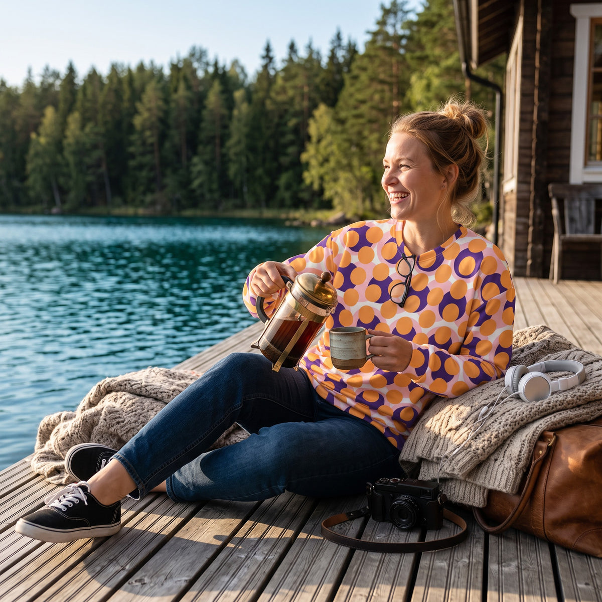 Good Wishes 365 women's orange recycled sweatshirt with 70s pop art circle print worn by a woman on a lakeside dock.