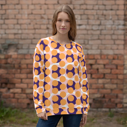 Good Wishes 365 women's recycled sweatshirt with a 70s pop art orange, purple, and pink geometric circle print