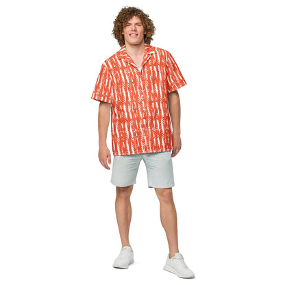 Good Wishes 365 unisex button shirt in orange with white abstract print, worn by a man with light grey shorts.