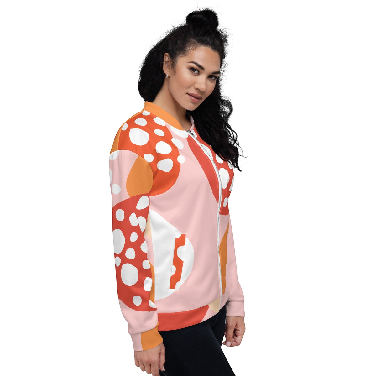 Good Wishes 365 unisex bomber jacket with orange and pink strawberry print, featuring a silver zipper and fleece lining