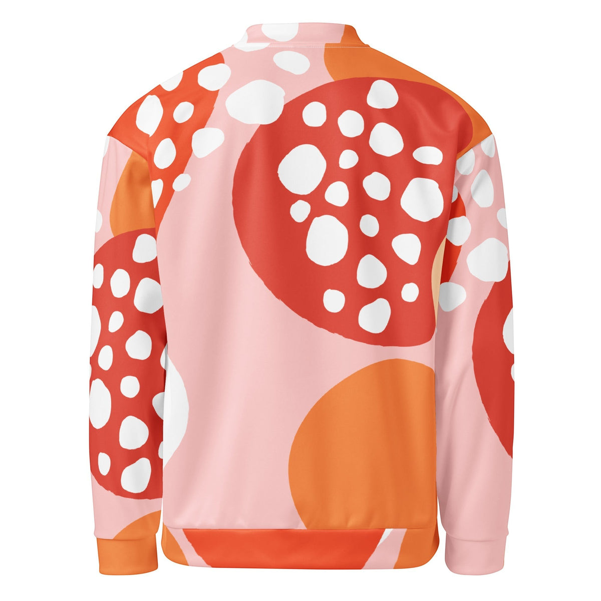 Back view of Good Wishes 365 unisex bomber jacket featuring an orange and pink strawberry-inspired all-over print.
