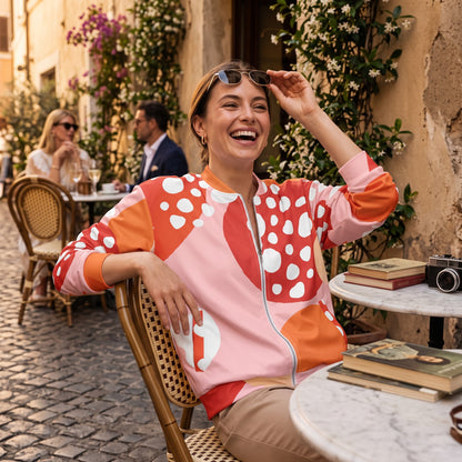 Good Wishes 365 orange strawberry print bomber jacket with silver zipper worn by a smiling woman at an outdoor cafe.