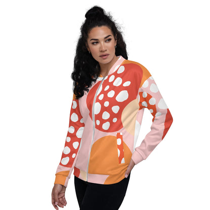 Good Wishes 365 unisex bomber jacket featuring an orange and pink strawberry-inspired all-over print with a silver zipper