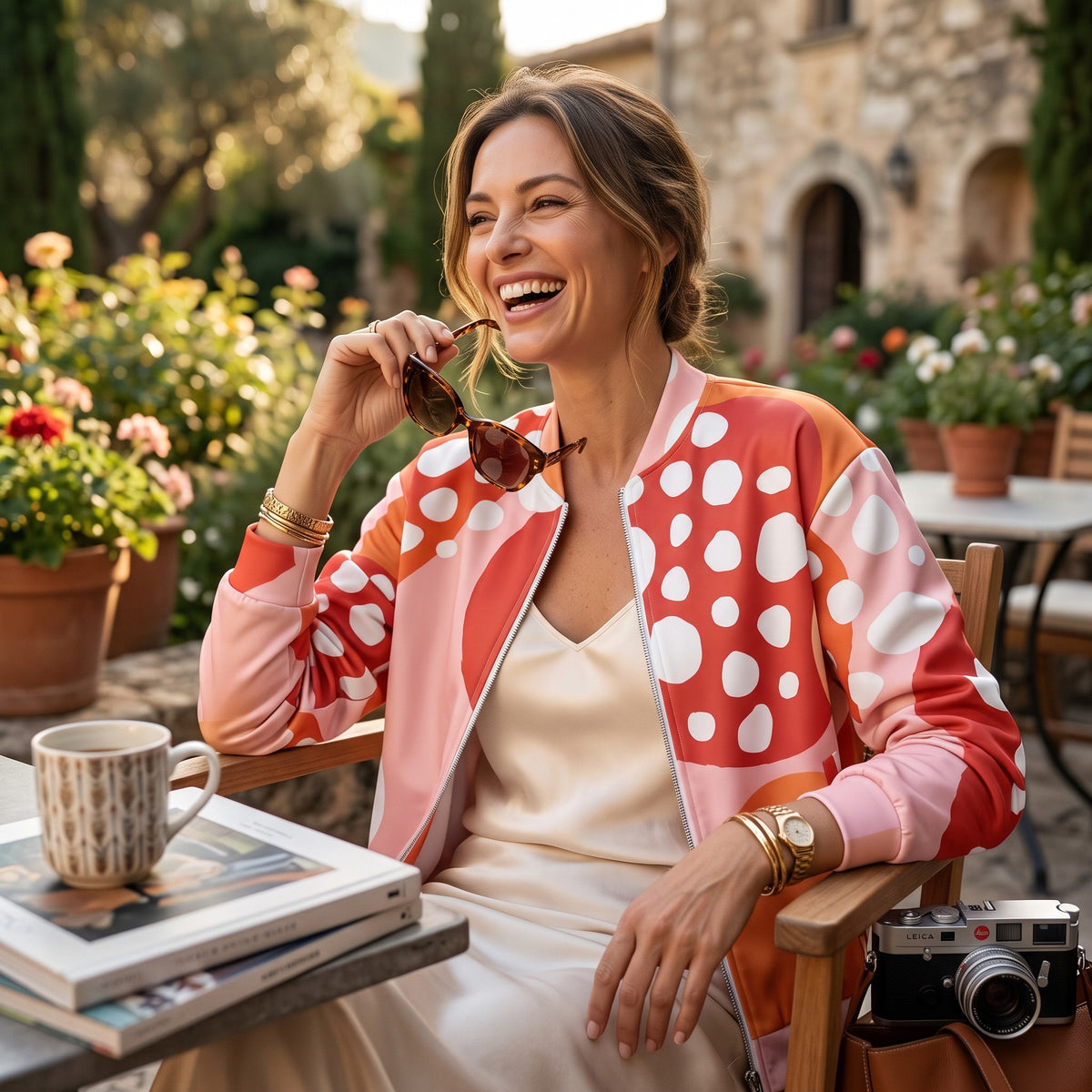 Good Wishes 365 orange strawberry print bomber jacket worn by a smiling woman sitting at an outdoor cafe table.