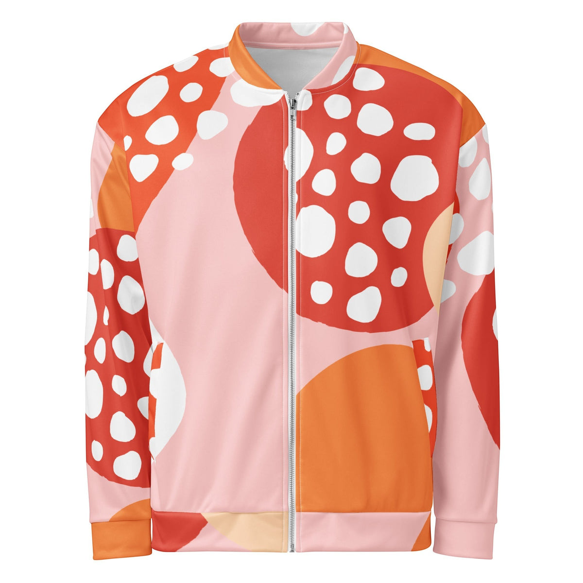 Good Wishes 365 unisex bomber jacket featuring an orange and pink strawberry-inspired abstract print with a silver zipper.