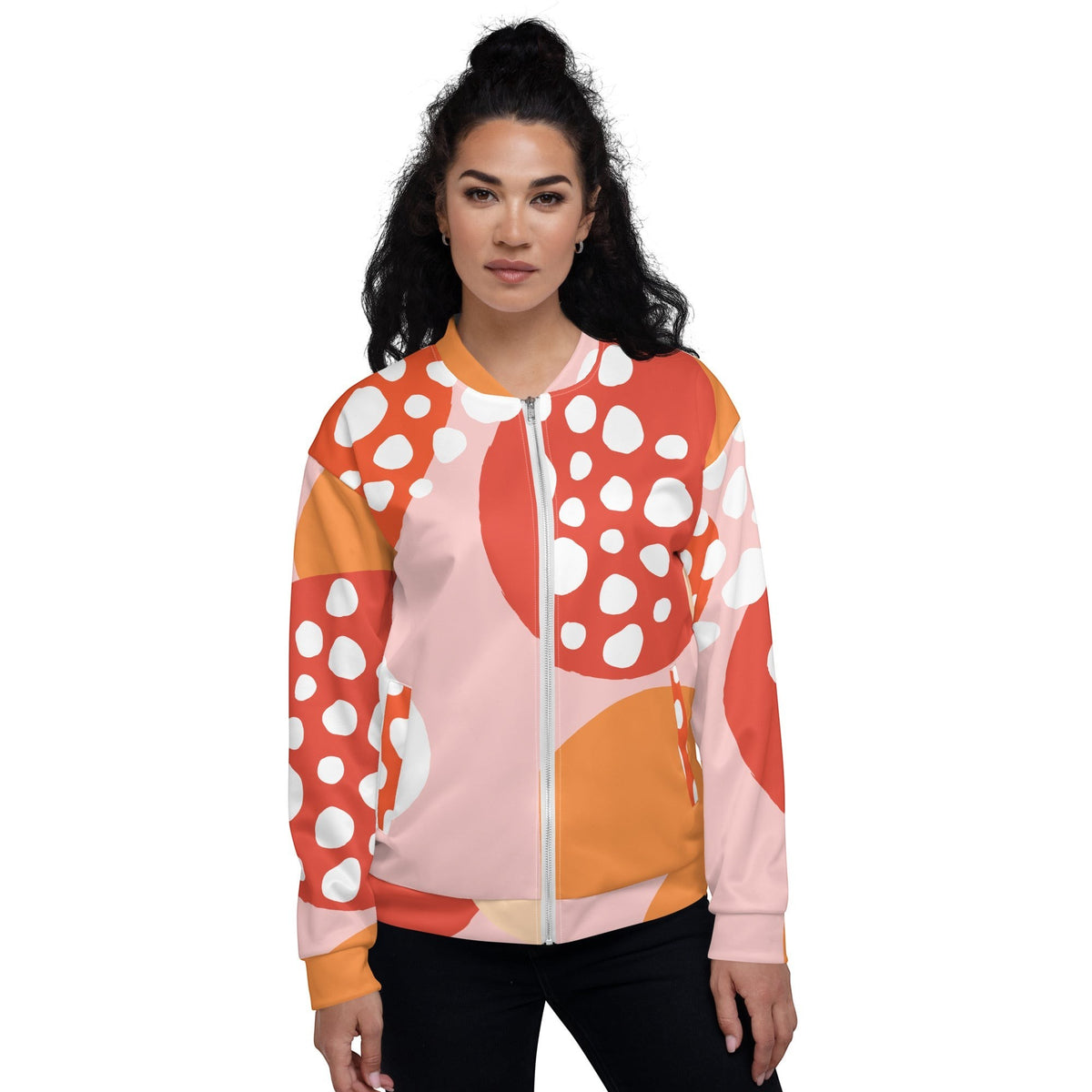 Good Wishes 365 unisex bomber jacket with orange and pink strawberry pattern, featuring a silver zipper and fleece.